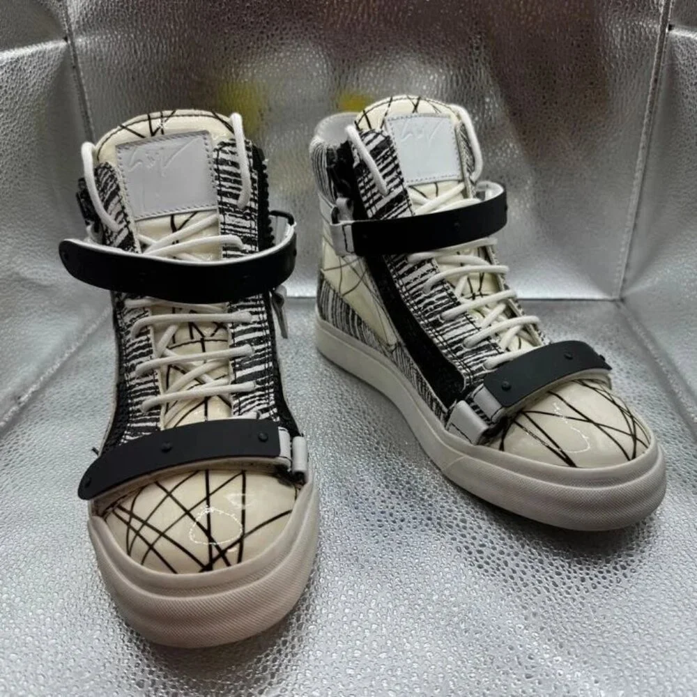 Size EU 36 Giuseppe Zanotti Mens White Black High Top Back Zip Sneakers‎